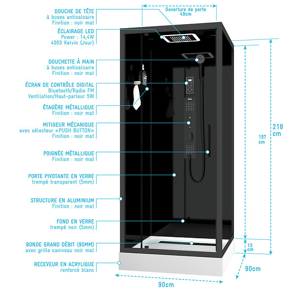 AURLANE - Cabine de douche Carrée Hydro 90x90x218 cm - Porte Pivotante - Fond & Profilés Noir Mat - large
