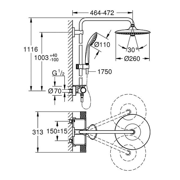 GROHE - Colonne de douche thermostatique VITALIO SYSTEM 260 GROHE 26403002 tête Ø 26 cm + douchette 3 jets - chrome - large
