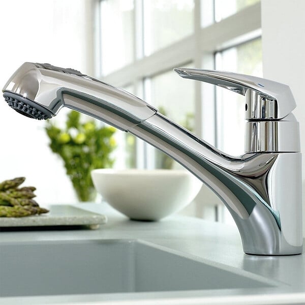 GROHE - Mitigeur évier EURODISC GROHE 32257001 - bec bas - douchette extractible 2 jets - chrome - large
