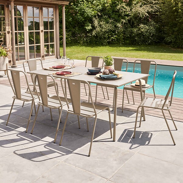 OVIALA - Ensemble table de jardin et 8 chaises bistrot en acier taupe - Palavas - large