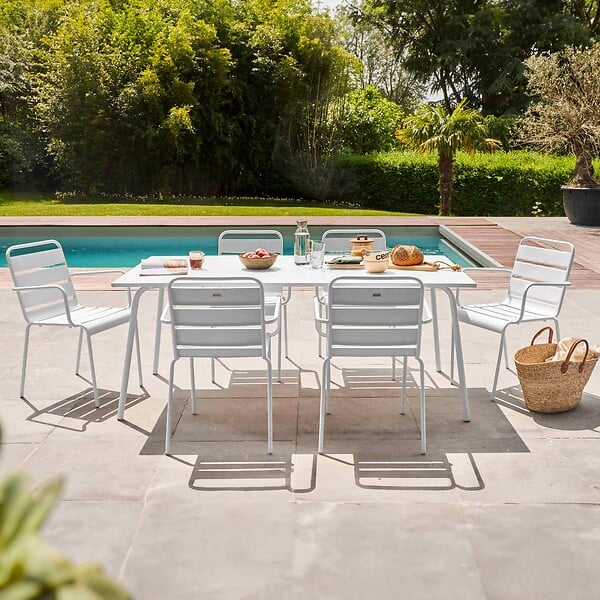 OVIALA - Ensemble table de jardin et 6 fauteuils en métal blanc - Palavas - large