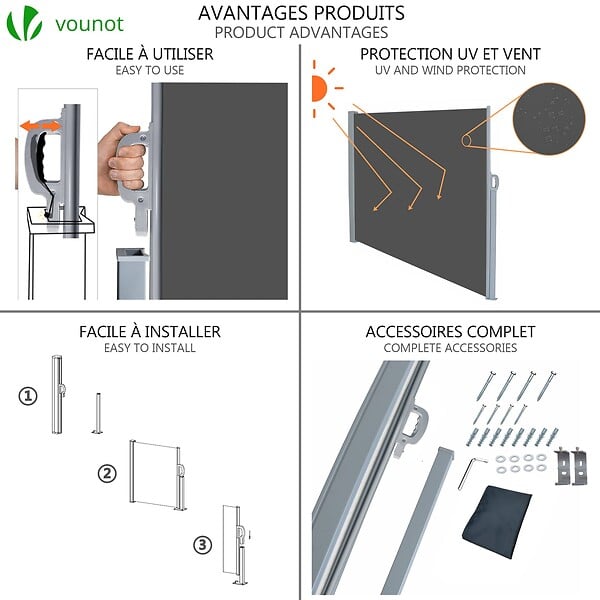 VOUNOT - Paravent retractable avec housse de protection 160x300cm Gris - large