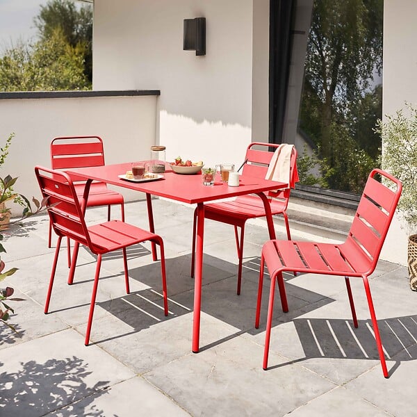OVIALA - Ensemble table de jardin en métal et 4 chaises rouge - Palavas - large
