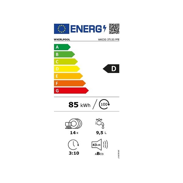 WHIRLPOOL - lave-vaisselle 60cm 14 couverts 43db tout intégrable - wkcio3t133pfe - large