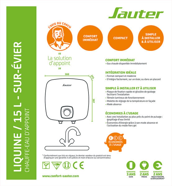 SAUTER - Chauffe-eau électrique instantané sur-évier Liquine - 15L - large