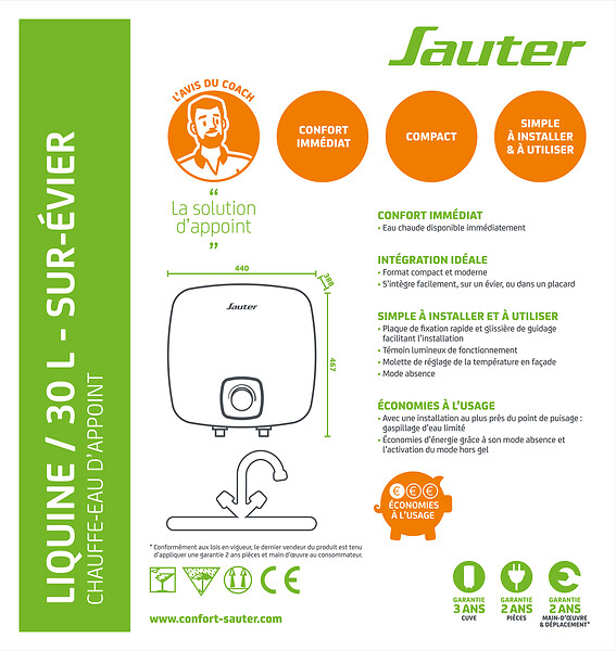 SAUTER - Chauffe-eau électrique instantané sur-évier Liquine - 30L - large