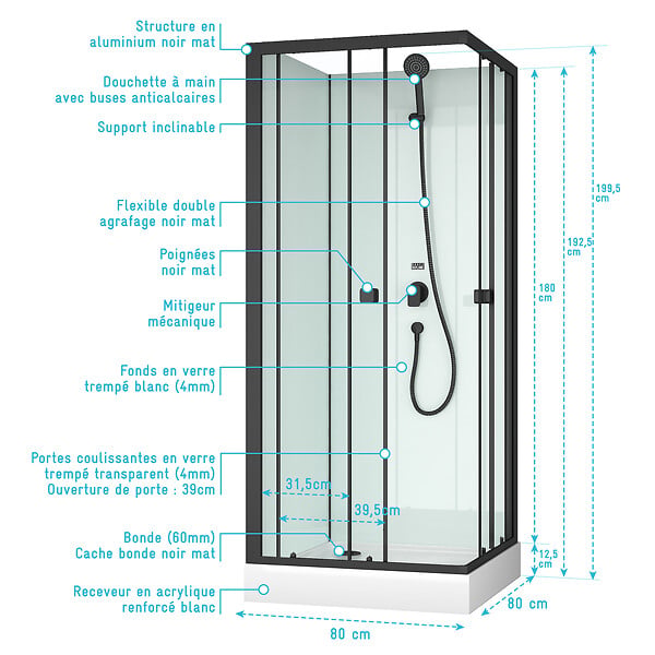 AURLANE - Cabine de douche carrée 80x80x200 cm - large