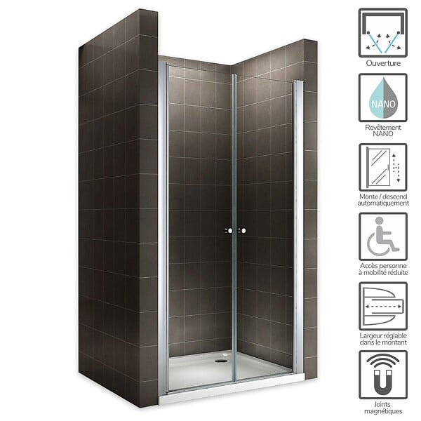 SANIVERRE - GINA Porte de douche H.180 x L. 76 à 80 cm verre transparent 6 mm - large