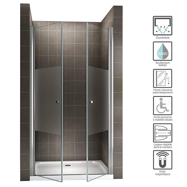 SANIVERRE - GINA Porte de douche H.180 x L. 80 à 84 cm verre semi-opaque 6 mm - large