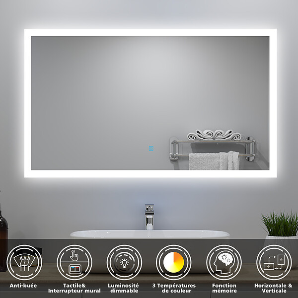 AICA SANITAIRE - Ensemble meuble Salle de Bain 60cm avec simple vasque et colonne et miroir lumineux dimmable blanc - large