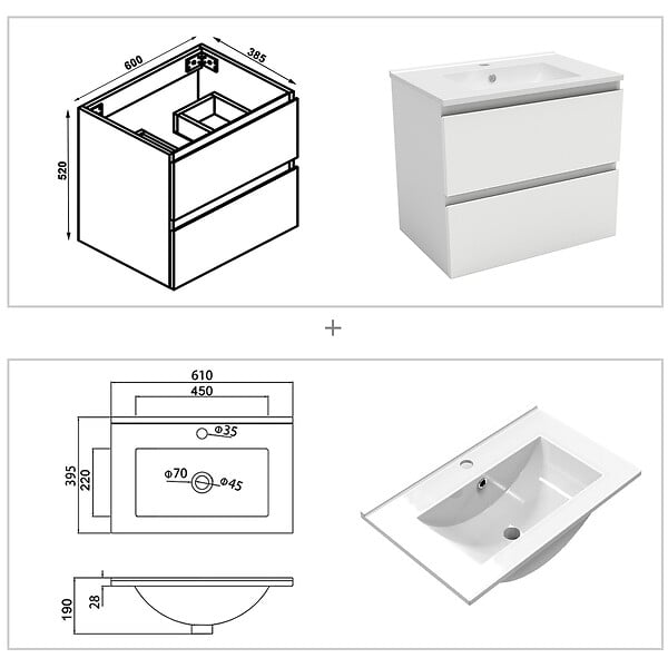 AICA SANITAIRE - Ensemble meuble Salle de Bain 60cm avec simple vasque et colonne et miroir lumineux dimmable blanc - large