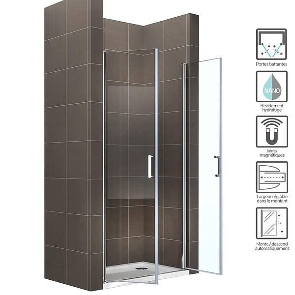 SANIVERRE - KIMI Porte de douche H.180 - L. 70 à 73 cm verre transparent 6 mm - large