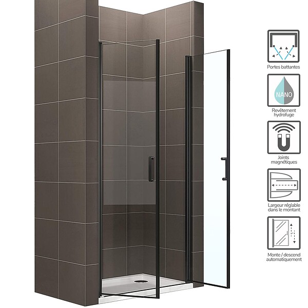 SANIVERRE - KIMIBLACK Porte de douche H.180 Noir L. 76 à 79 cm transparent verre 6 mm - large