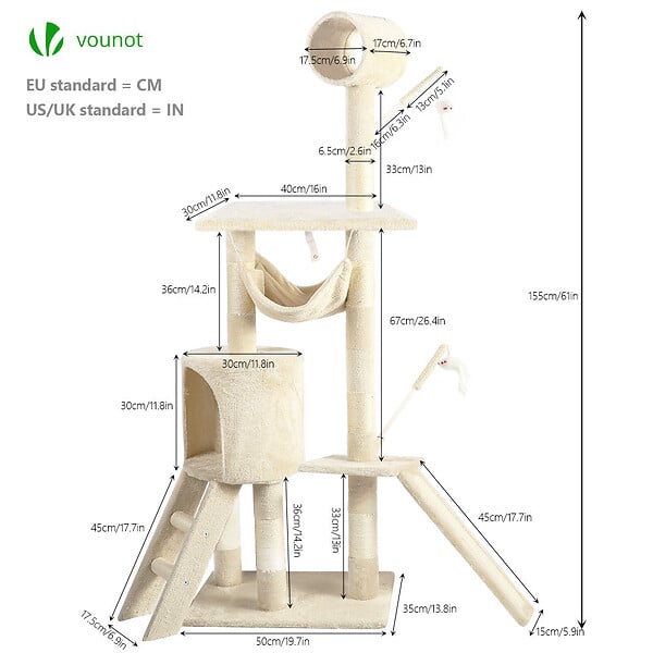 VOUNOT - Arbre à Chat 154cm avec Griffoir Plateforme Niche XXL Beige - large