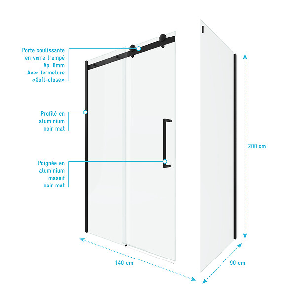 AURLANE - Porte de douche coulissante 140x200 cm noir mat - rail soft close + RETOUR 90 cm - large