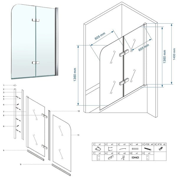 SANIVERRE - BALY Pare-baignoire 130x140 cm pliant & pivotant verre transparent anticalcaire - large