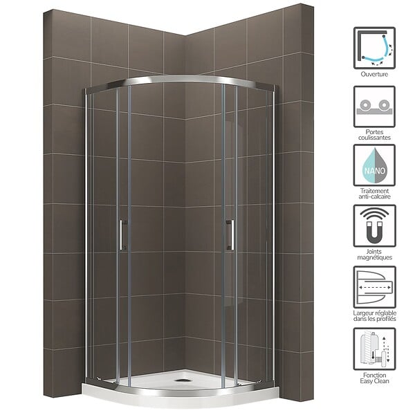 SANIVERRE - TIBY Cabine de douche 80x80 H190 cm 1/4 de cercle verre transparent 6 mm - large