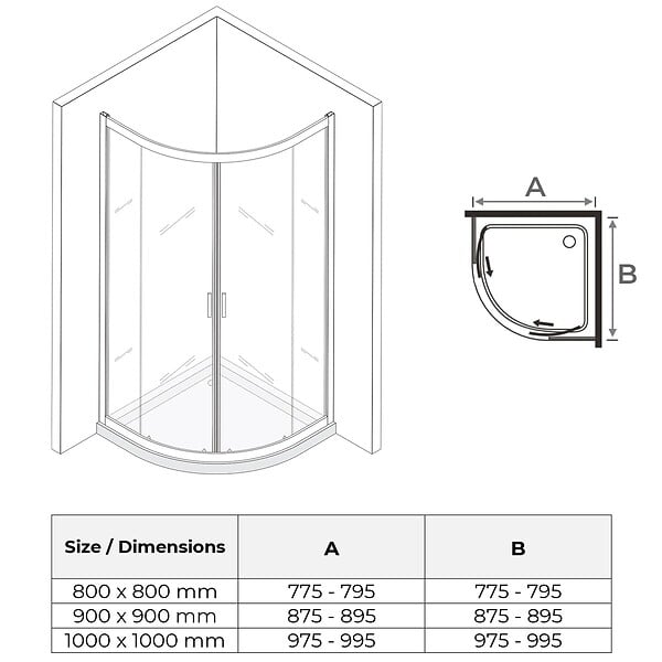 SANIVERRE - TIBY Cabine de douche 80x80 H190 cm 1/4 de cercle verre transparent 6 mm - large