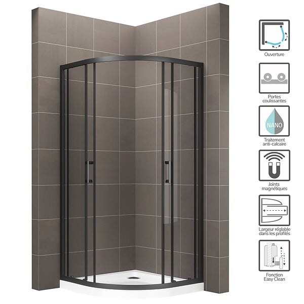 SANIVERRE - TIBYBLACK Cabine de douche 100x100 H190 cm 1/4 de cercle noir verre transparent 6 mm - large