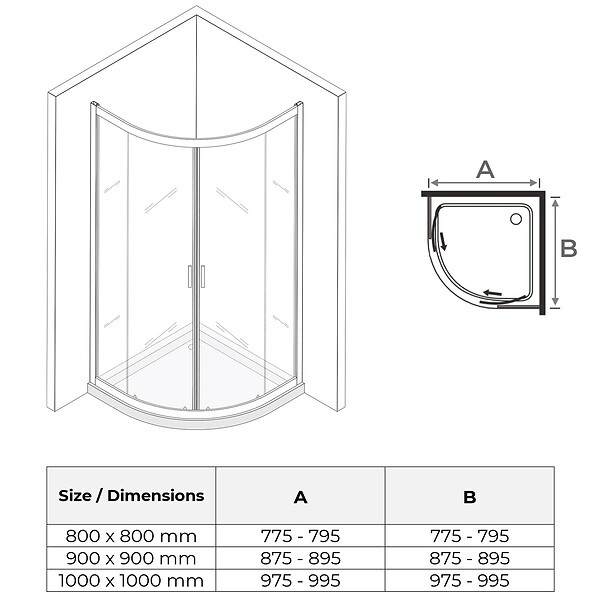 SANIVERRE - TIBYBLACK Cabine de douche 100x100 H190 cm 1/4 de cercle noir verre transparent 6 mm - large