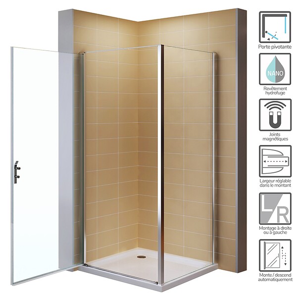 SANIVERRE - NIKY Cabine de douche 90x80 H195 cm +receveur (porte 90) verre transparent Ép. 8 mm - large