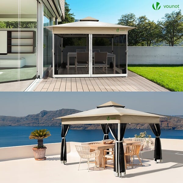 VOUNOT - Tonnelle de jardin exterieure pliable avec moustiquaire Pop up 3.6x3.6m beige - large