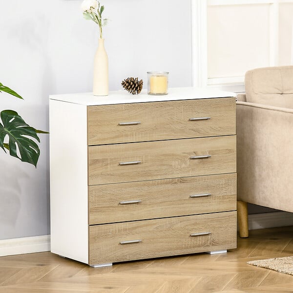 HOMCOM - Commode meuble de rangement style contemporain 4 tiroirs 76 x 35 x 72 cm blanc et couleur bois - large