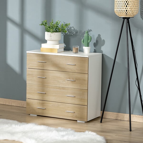 HOMCOM - Commode meuble de rangement style contemporain 4 tiroirs 76 x 35 x 72 cm blanc et couleur bois - large
