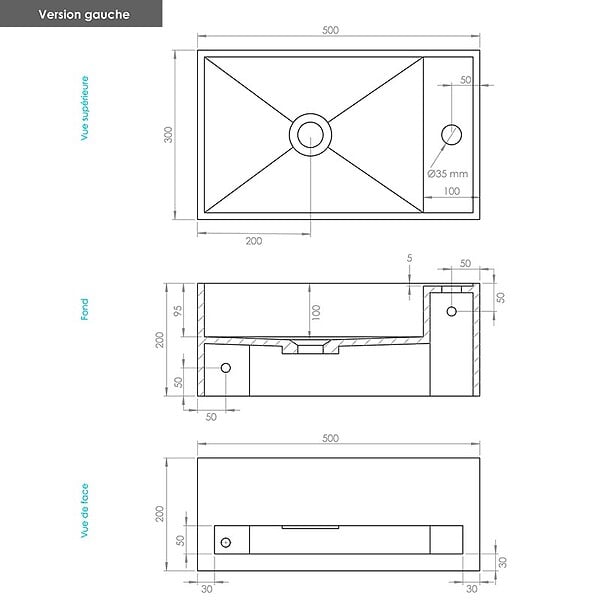 THALASSOR - EASY 50 GAUCHE - Lave-mains suspendu en Solid Surface 50 x 30 x 20(h) cm - large
