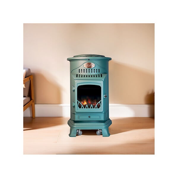 UNIVERSAL - Poele à gaz 3,4 KW Vert Fonte véritable Effet poêle à bois + Tuyau gaz + détendeur butane Provence UNIVERSAL - large
