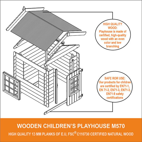 TIMBELA - Timbela M570M-1 Maison en bois pour enfants - Toit bleu - 111x113xH121cm / 0.9 m2 - SANS PLANCHER - large
