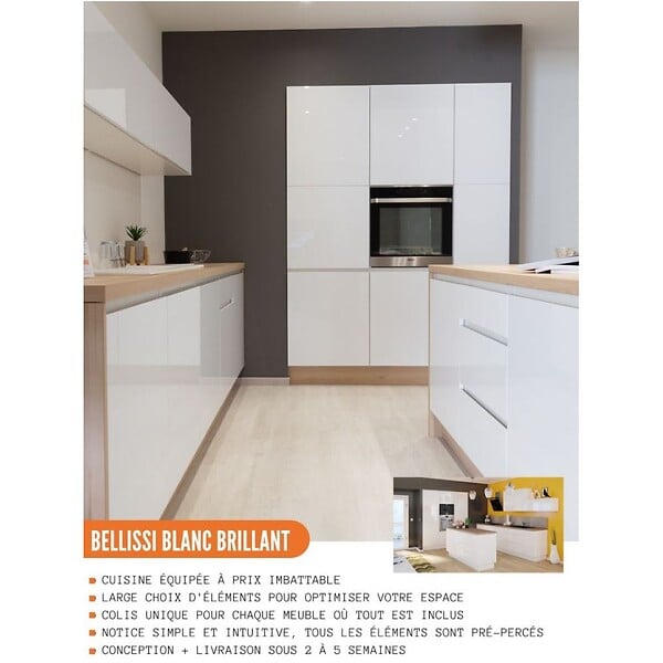 CUISINEANDCIE - Cuisineandcie - Meuble haut SLIM de cuisine Bellissi Blanc Brillant 1 porte relevable L 90 cm - large