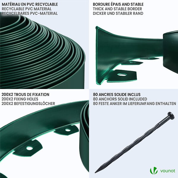 VOUNOT - Bordure de jardin PVC flexible 40m avec piquets vert - large