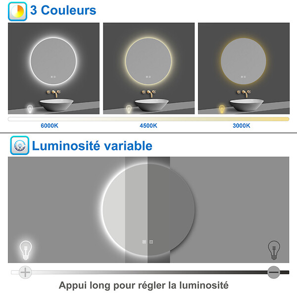 AICA SANITAIRE - AICA Miroir de salle de bain LED rond 90cm avec rétro-éclairage, tricolore + anti-buée + mémoire + gradation infinie - large