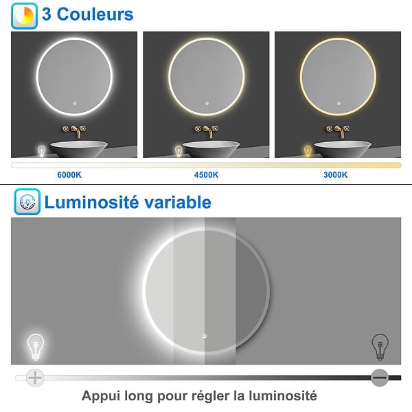 AICA SANITAIRE - AICA Miroir de salle de bain rond 70x70cm LED tricolore anti-buée + mémoire + dimmable - large