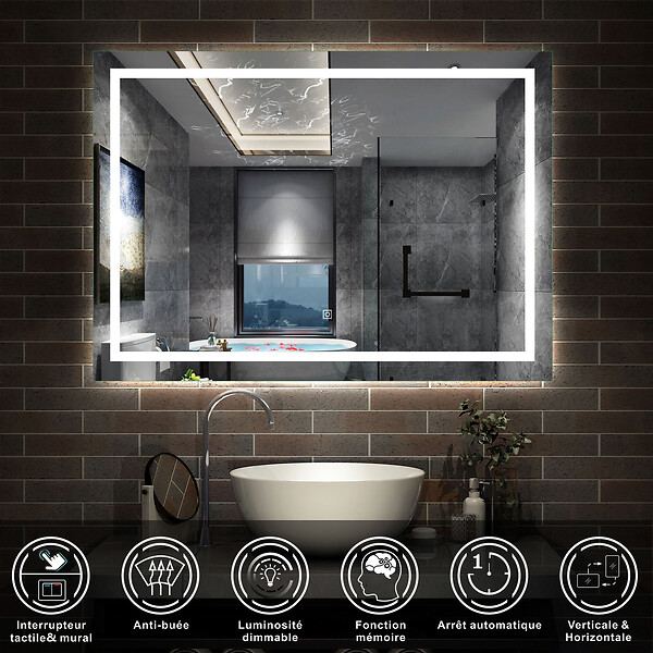 AICA SANITAIRE - AICA Miroir de salle de bain LED dimmable, avec mémoire et anti-buée, 100x80cm, IP44 - large