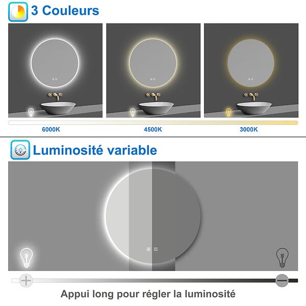 AICA SANITAIRE - AICA Miroir de salle de bain LED rond 80cm avec rétro-éclairage, tricolore + anti-buée + mémoire + gradation infinie - large