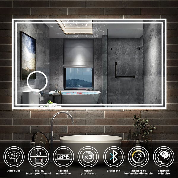 AICA SANITAIRE - AICA Miroir de salle de bain LED 140x80cm Tricolor anti-buée avec bluetooth simple, horloge et miroir grossissant 3x - large