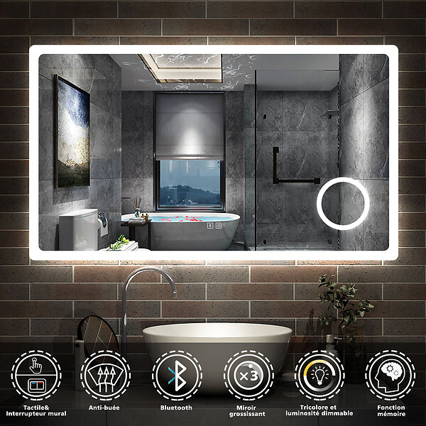 AICA SANITAIRE - AICA Miroir de salle de bain LED 120x70cm tricolor anti-buée avec bluetooth et loupe 3x,mémoire et lumière gradation - large