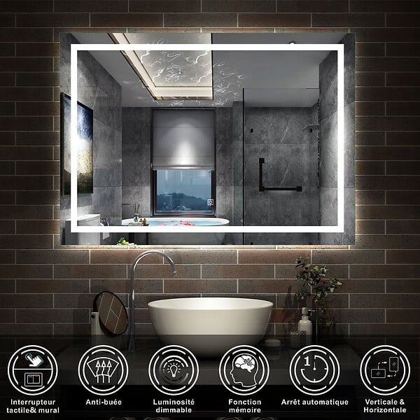 AICA SANITAIRE - AICA Miroir de salle de bain LED dimmable, avec mémoire et anti-buée, 110x70cm, IP44 - large