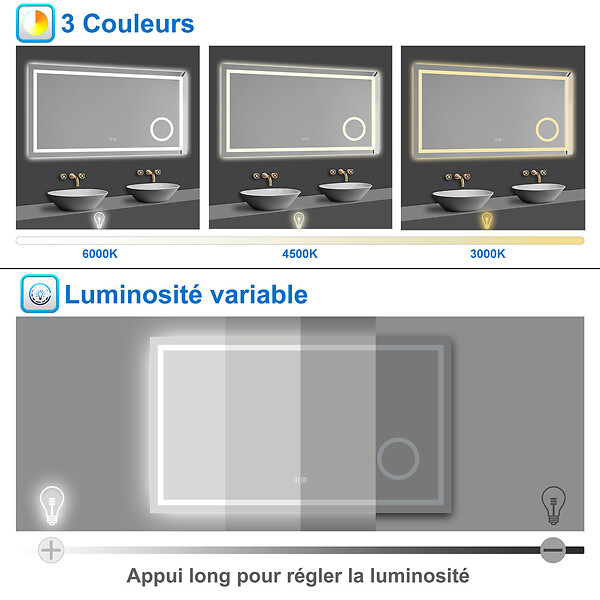 AICA SANITAIRE - AICA Miroir de salle de bain Bluetooth 160x80 cm, LED tricolore + loupe + mémoire + dimmable + anti-buée, IP44 - large