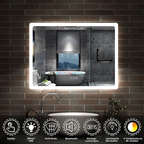AICA SANITAIRE - AICA Miroir Bluetooth 70x50 cm, tricolore + horloge + mémoire + dimmable + anti-buée, miroir LED étanche IP44 - large