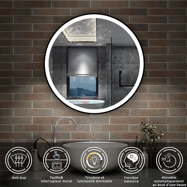 AICA SANITAIRE - AICA Miroir de salle de bain LED rond 80cm avec cadre noir, tricolore + anti-buée + mémoire + gradation infinie - large