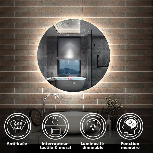 AICA SANITAIRE - AICA Miroir LED rond sans cadre de 60cm, dimmable + mémoire + antibuée, IP44, horizontal/vertical, 6000k blanc froid - large
