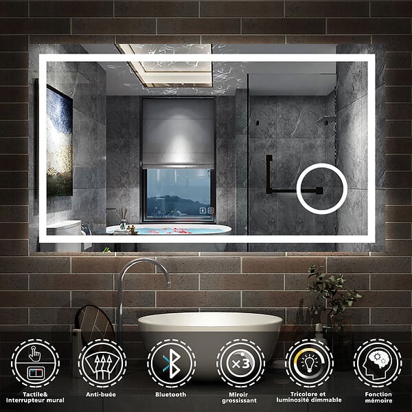 AICA SANITAIRE - AICA Miroir de salle de bain Bluetooth 120x70 cm, LED tricolore + loupe + mémoire + dimmable + anti-buée, IP44 - large