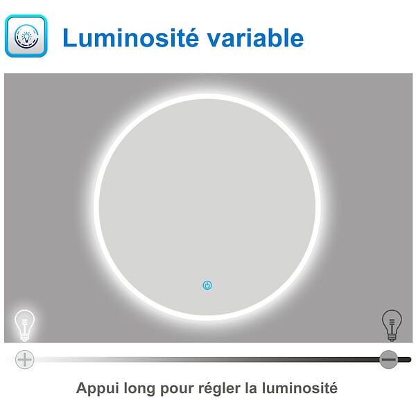AICA SANITAIRE - AICA Miroir de salle de bain LED rond de 100cm, dimmable + mémoire + antibuée, avec interrupteur tactile, blanc - large