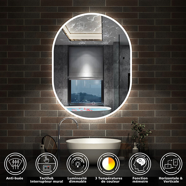 AICA SANITAIRE - AICA Miroir salle de bain LED 50x80cm tricolore + anti-buée + dimmable + mémoire - large
