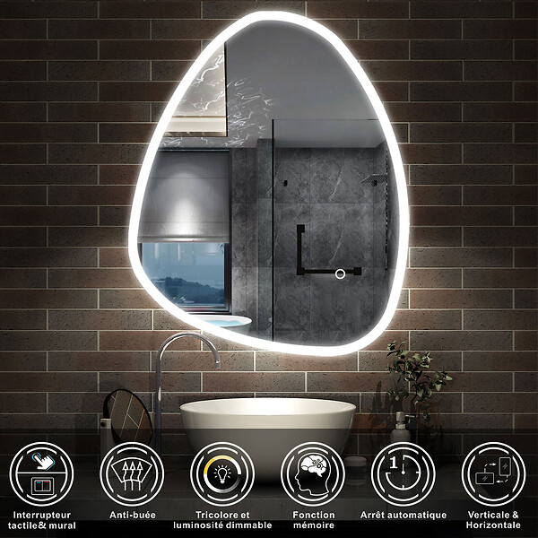 AICA SANITAIRE - AICA Miroir de salle de bain asymétrique 80x55cm led Teardrop Mirror 3 Colours Dimmable + Anti-buée + Mémoire - large