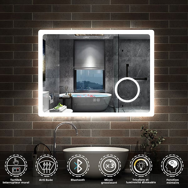 AICA SANITAIRE - AICA Miroir de salle de bain LED 100x60cm tricolor anti-buée avec bluetooth et loupe 3x,mémoire et lumière gradation - large