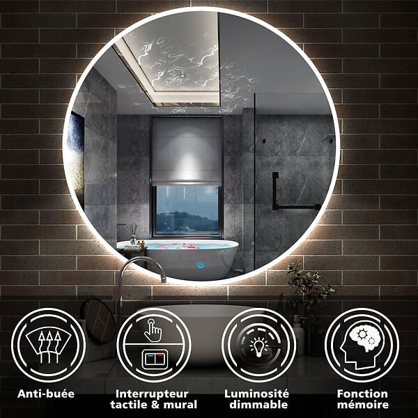 AICA SANITAIRE - AICA Miroir de salle de bain LED rond de 120cm, dimmable + mémoire + antibuée, avec interrupteur tactile, blanc - large